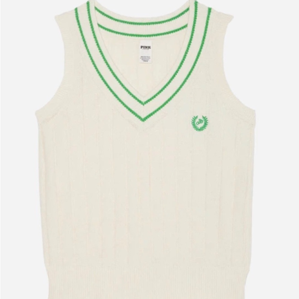 Pink Victoria secret Ivory Knit V-Neck Tennis Sweater Vest with Green Trim - Picture 3 of 8